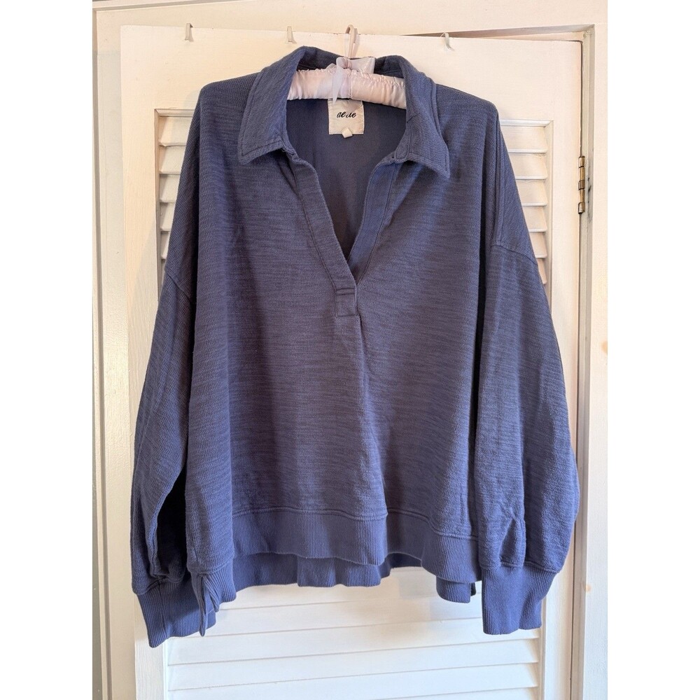 Aerie Endless Summer Polo Sweatshirt Blue XL Oversized Coastal Casual Soft